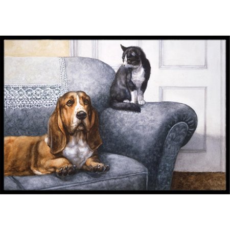 CAROLINES TREASURES Basset Hound and Cat on Couch Indoor or Outdoor Mat- 18 x 27 BDBA0182MAT